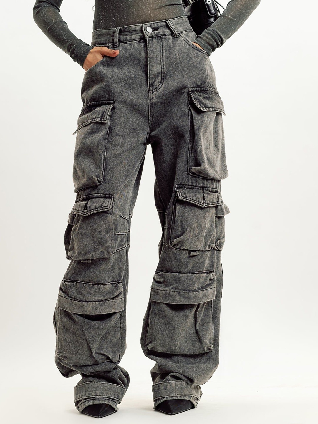 

FREAKINS Women Wide Leg High-Rise Jeans, Charcoal