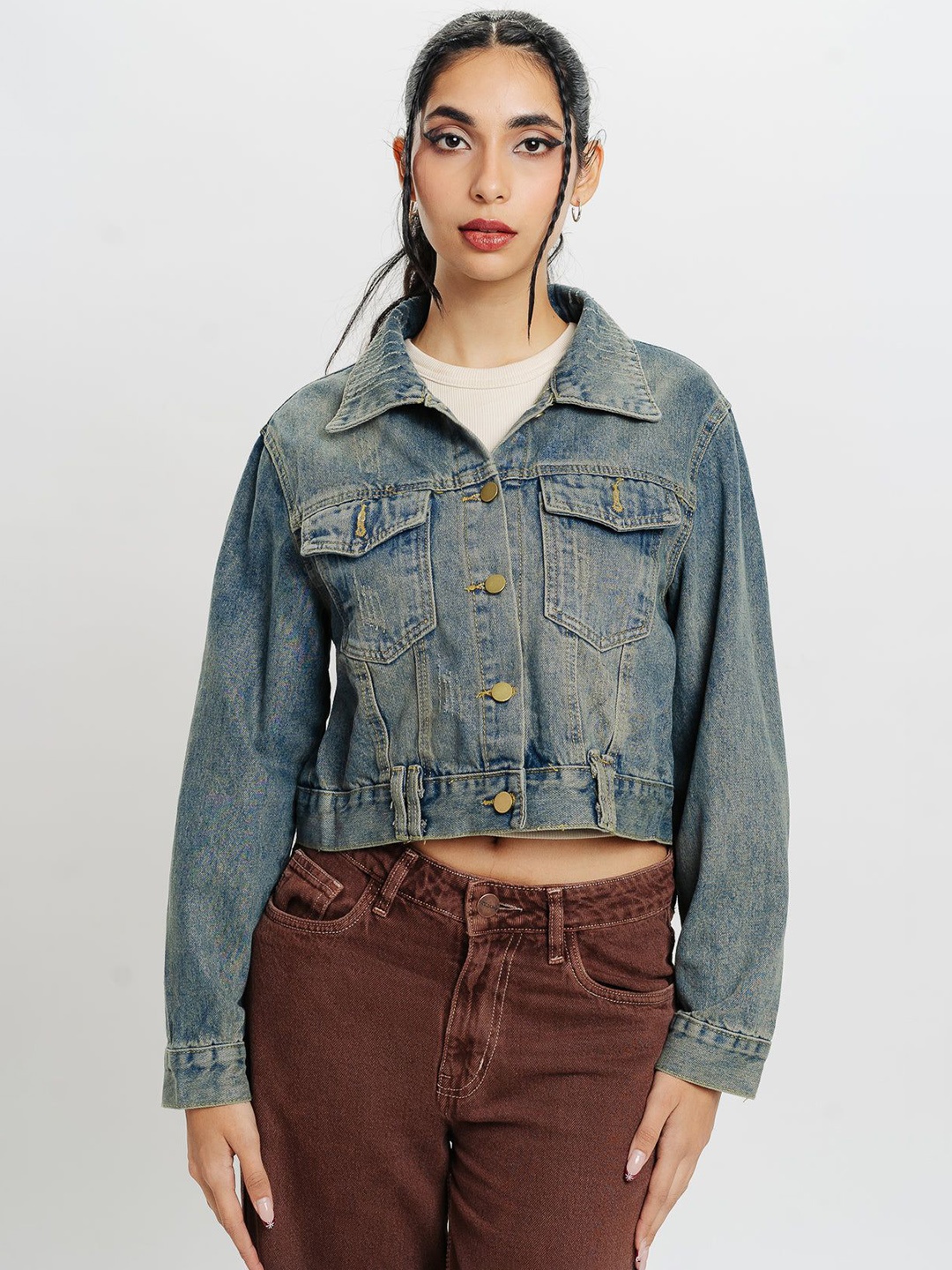 

FREAKINS Women Spread Collar Crop Denim Jacket, Blue