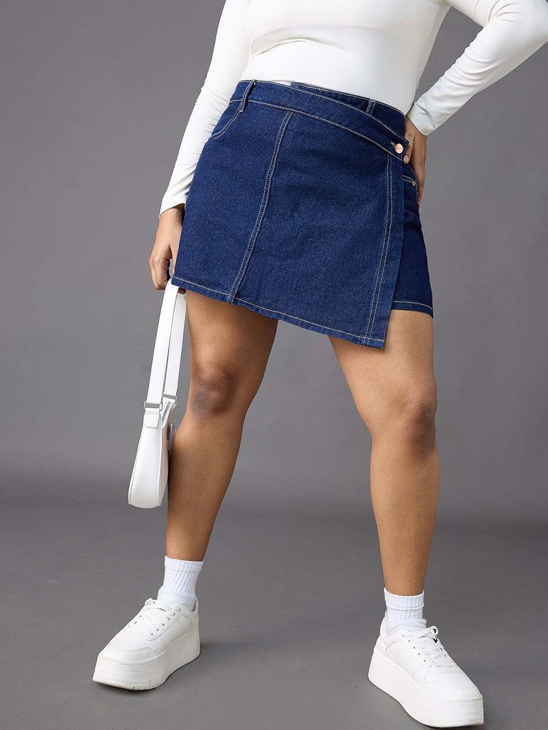 

FREAKINS Women Asymmetrical Pure Cotton Denim Skort, Blue