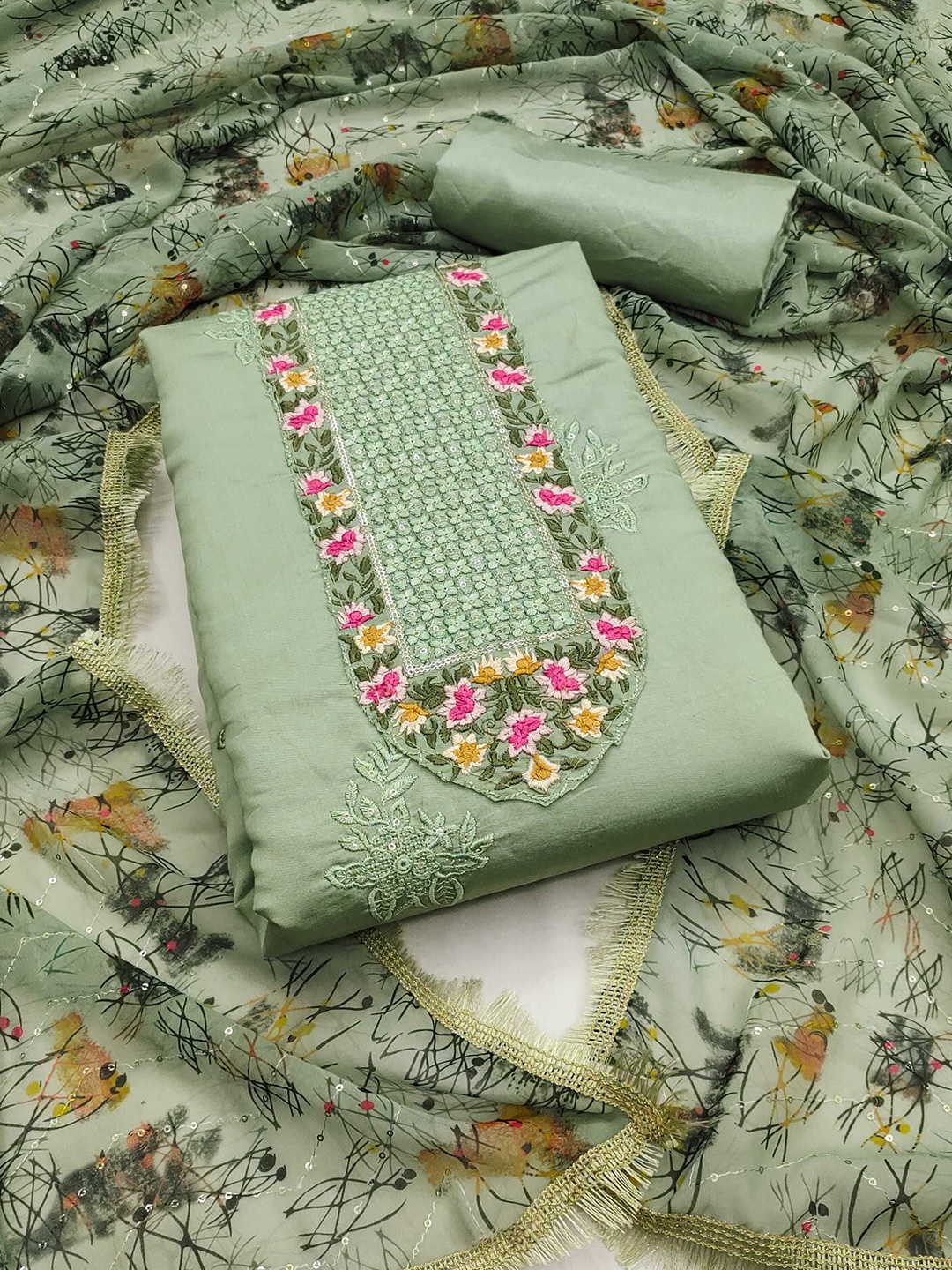 

KALINI Floral Embroidered Sequinned Unstitched Dress Material, Green