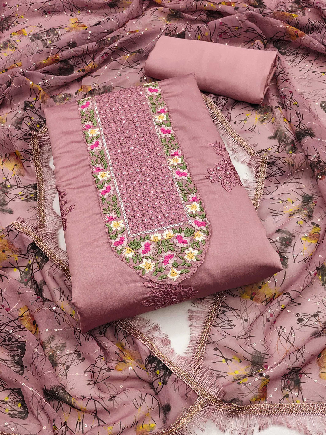 

KALINI Embroidered Unstitched Dress Material, Pink
