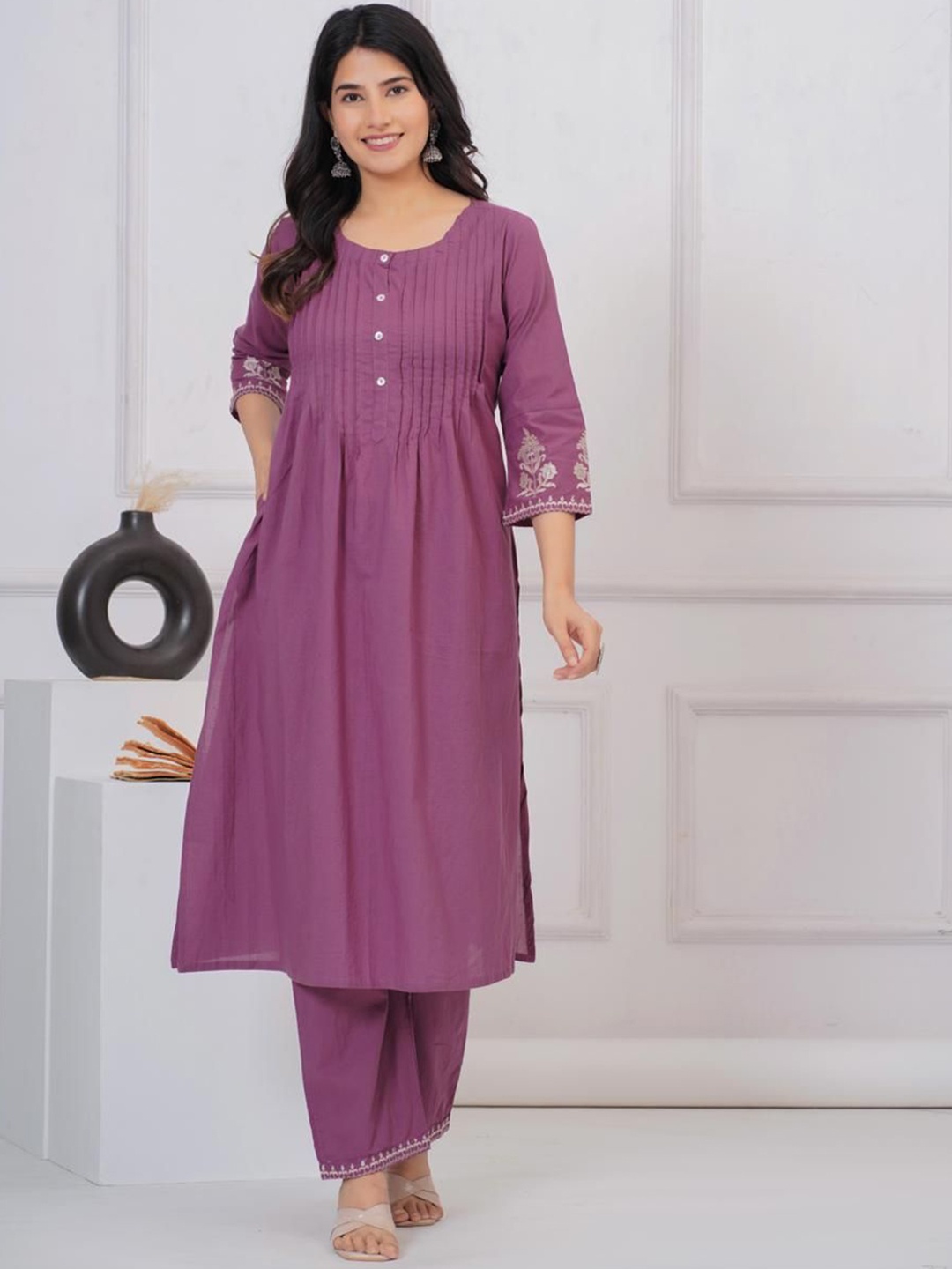 

KALINI Pleated Thread Work Pure Cotton Straight Kurta With Palazzo, Mauve