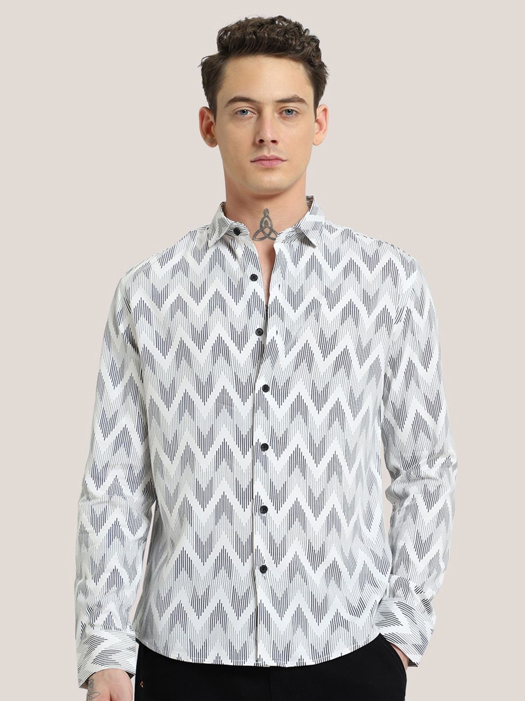 

Banana Club Men Chevron Nautical Printed Classic Slim Fit Casual Shirt, White