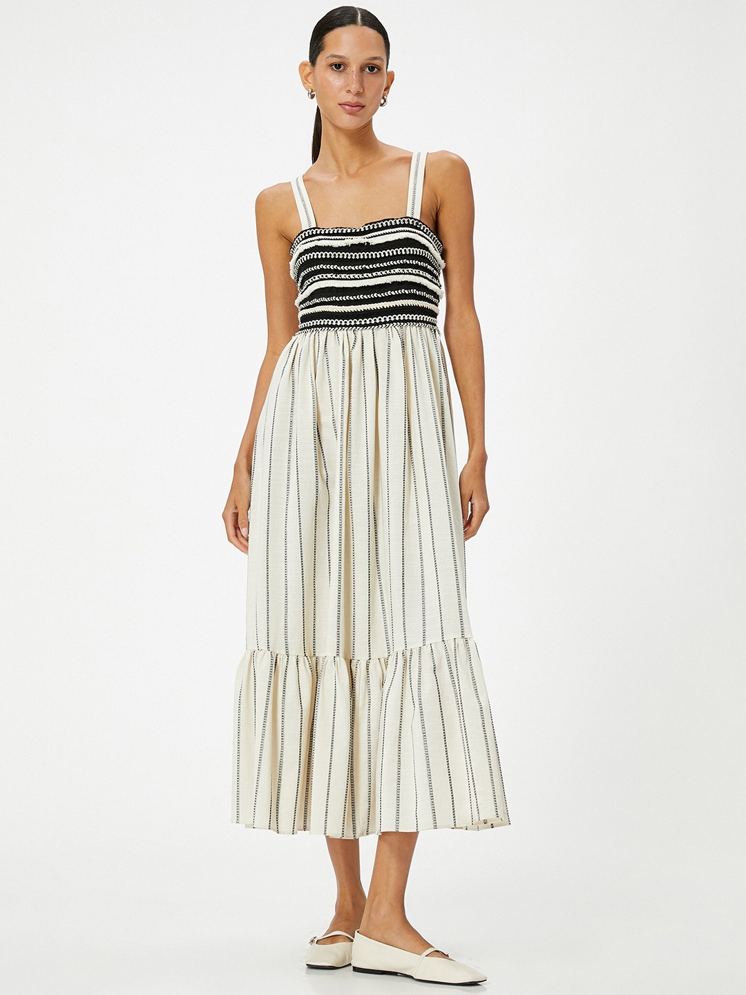 

Koton Striped Fit and Flare Midi Dress, Black