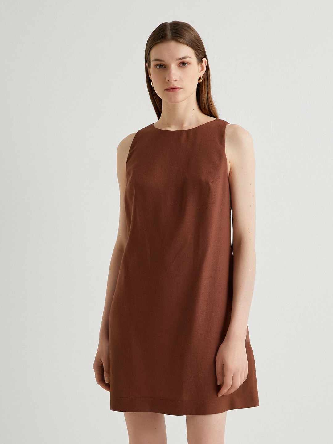 

Koton Round Neck Sleeveless A-Line Dress, Brown