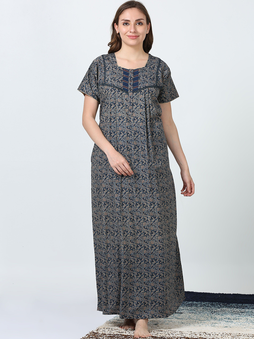 

9shines Label Floral Printed Maxi Nightdress, Navy blue