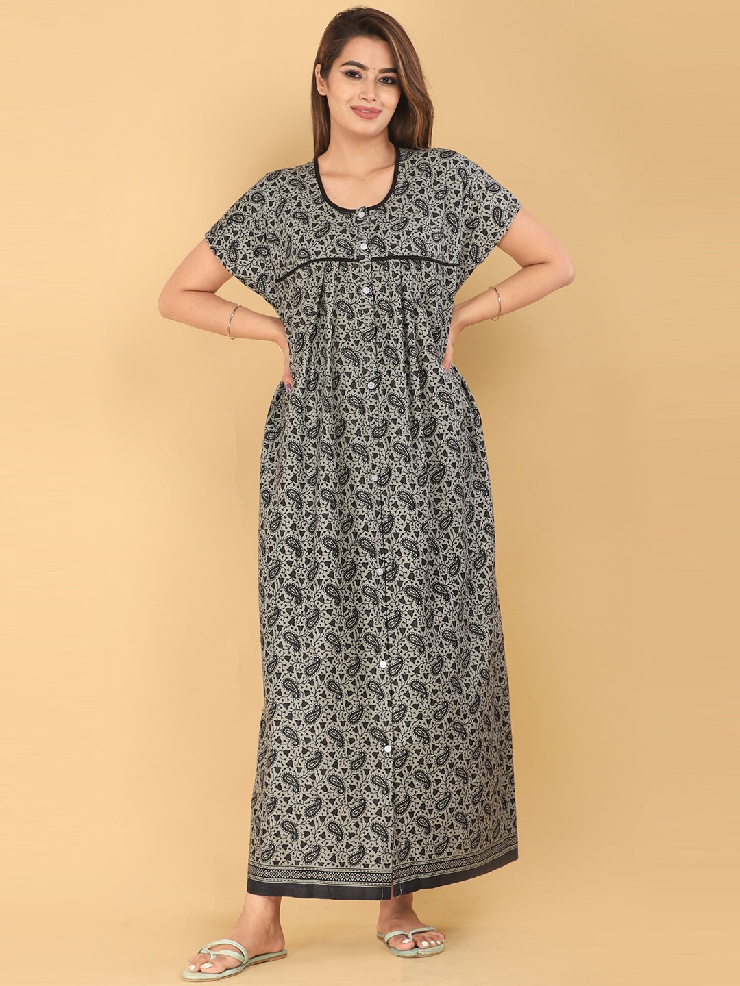 

MAYA PRINT Round Neck Short Sleeves Printed Maxi Nightdress, Grey
