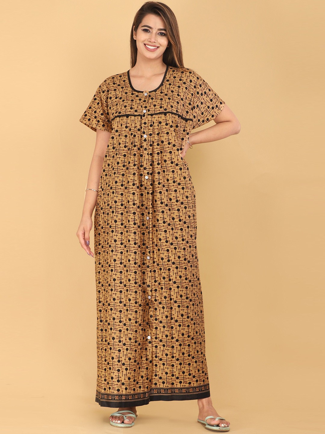 

MAYA PRINT Round Neck Short Sleeves Geometric Printed Pure Cotton Maxi Nightdress, Brown