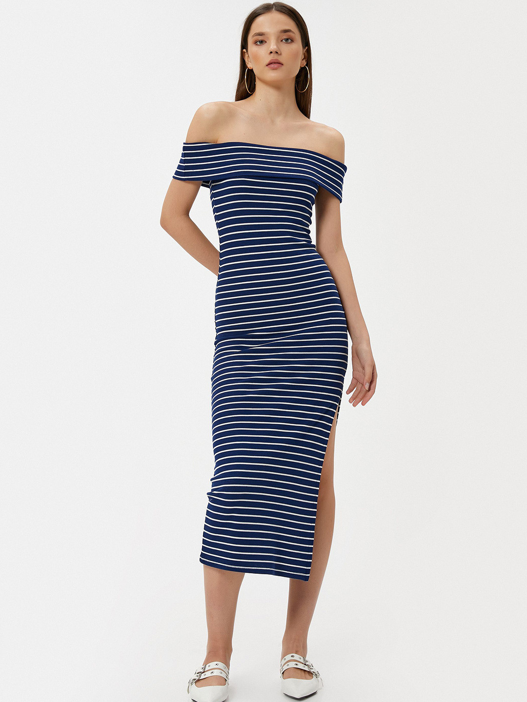 

Koton Women Striped Bodycon Off-Shoulder Dress, Navy blue
