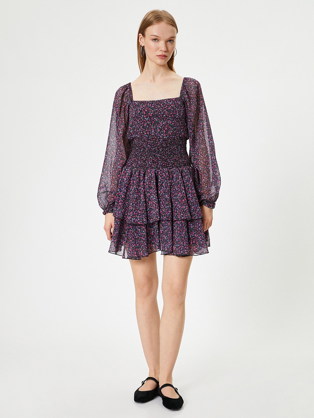 

Koton Floral Print Puff Sleeve Drop-Waist Dress, Pink