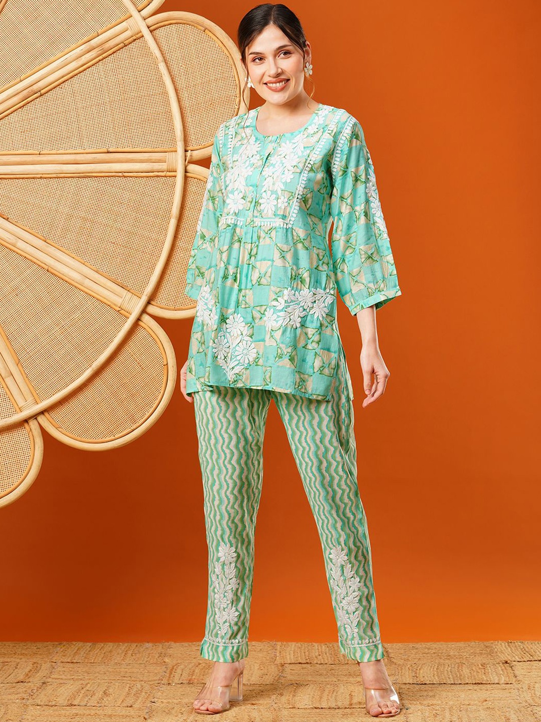 

ADA Ethnic Motifs Printed Round Neck Embroidered Tunic with Trousers, Sea green