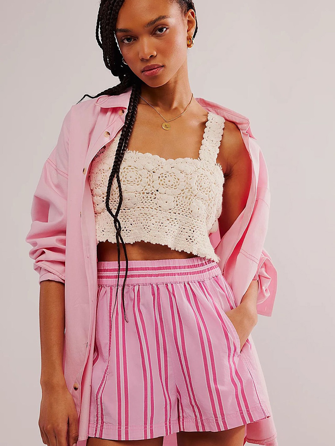 

LULU & SKY Women Striped High-Rise Wide Leg Shorts, Pink