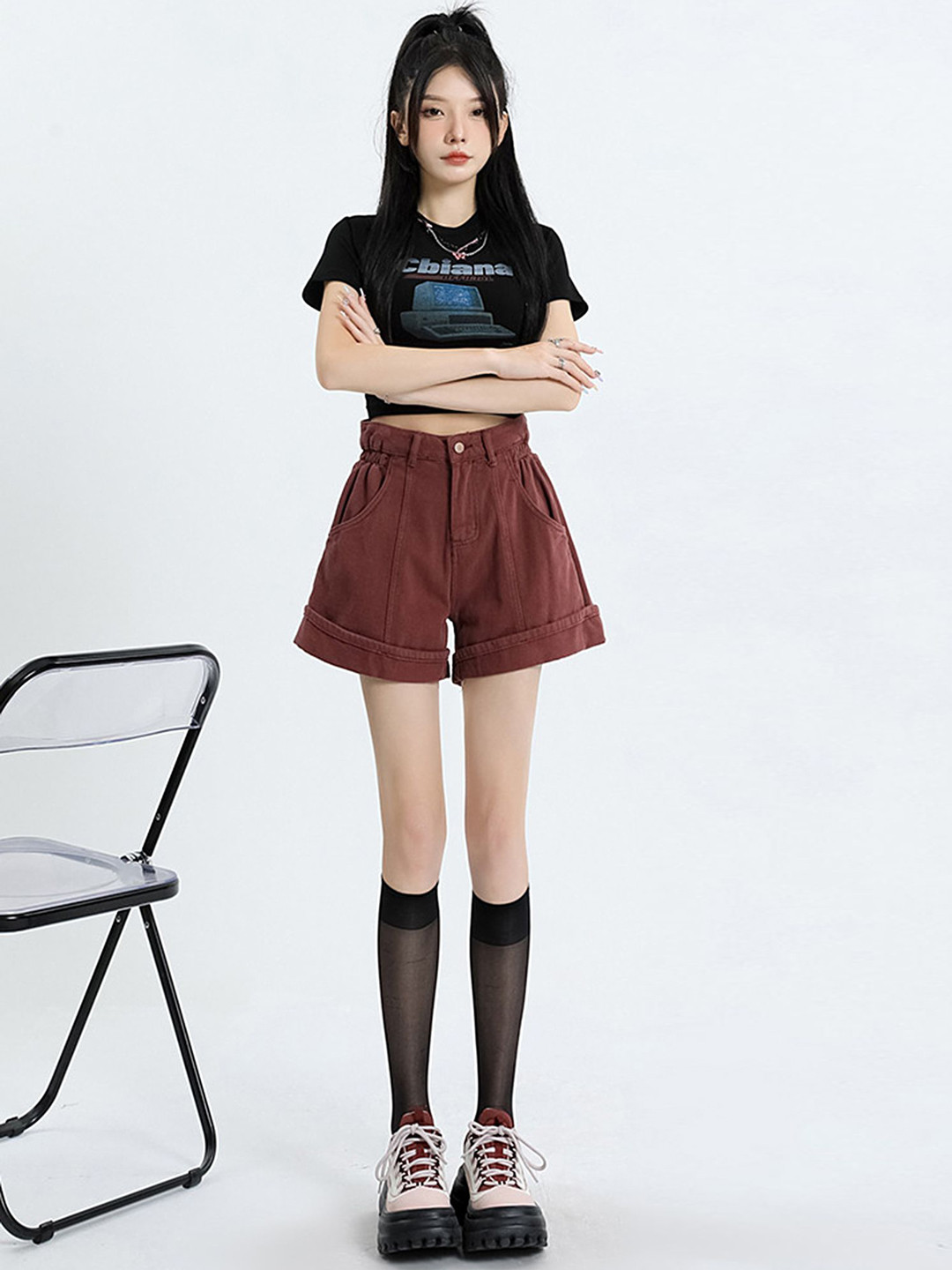 

LULU & SKY Women High-Rise Hem Wide Denim Shorts, Brown