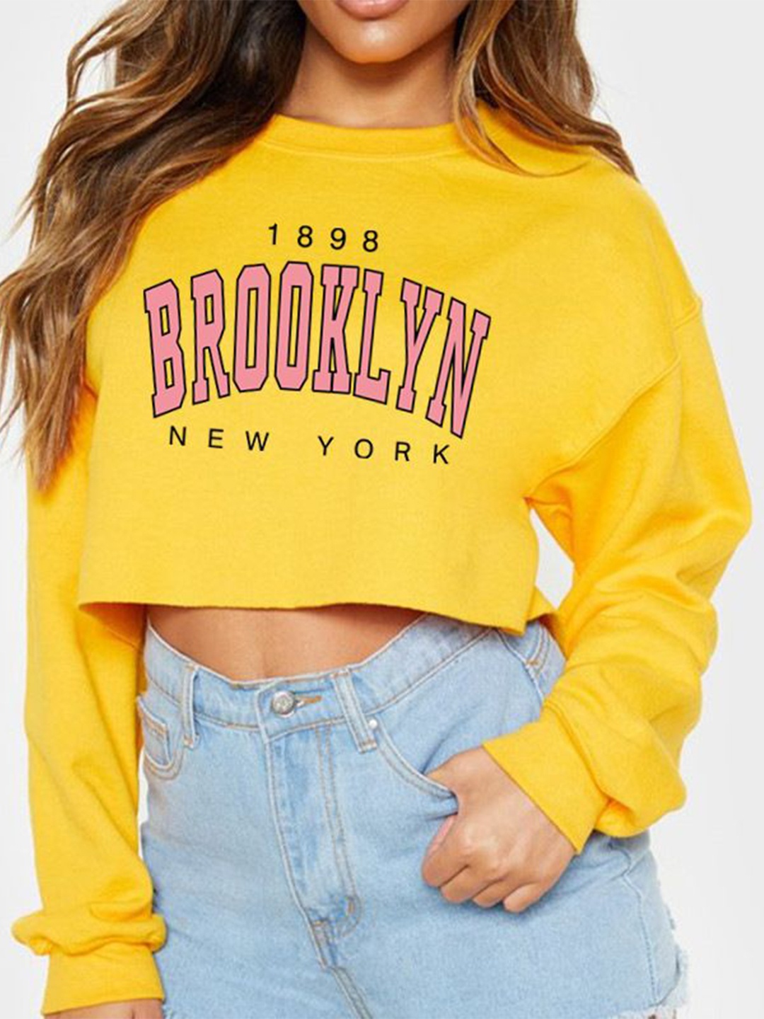 

StyleCast x Revolte Women Typography Printed Round Neck Crop Sweatshirt, Yellow