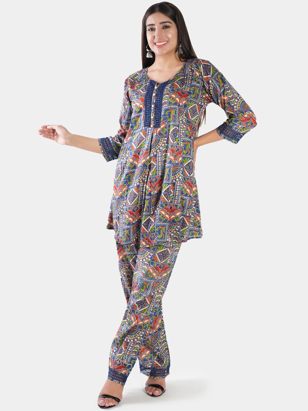 

BAESD Ethnic Printed Round Neck Tunic With Palazzo, Blue