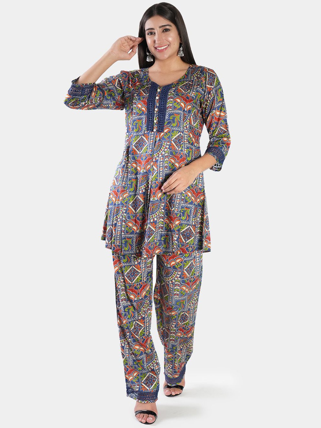 

BAESD Ethinic Motifs Printed Round Neck Top With Trousers, Blue