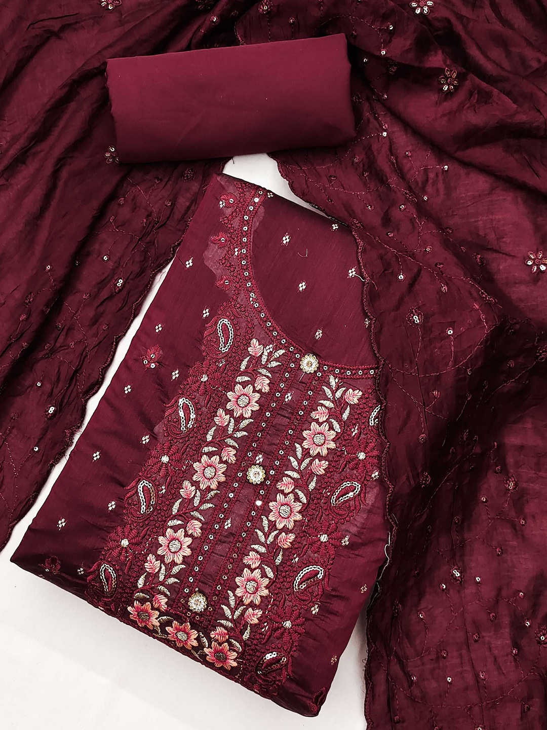 

KALINI Floral Embroidered Sequinned Unstitched Dress Material, Maroon