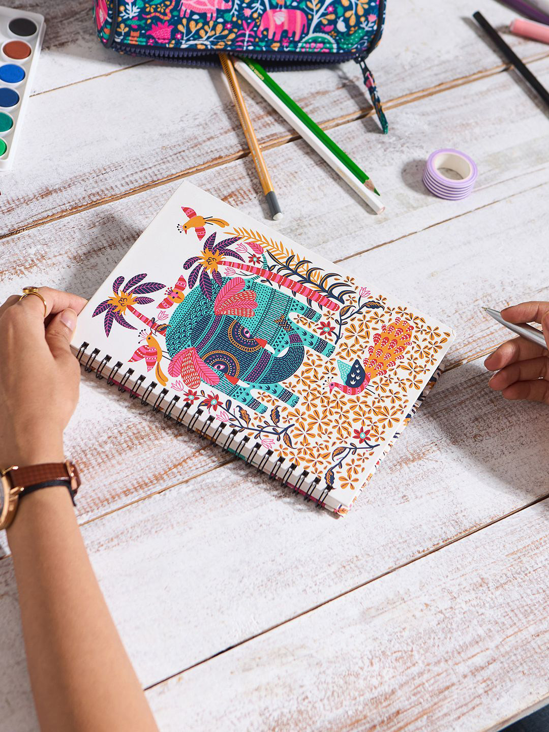 

Chumbak Sundarbans Gondh Spiral Printed Notebook Stationery, Off white