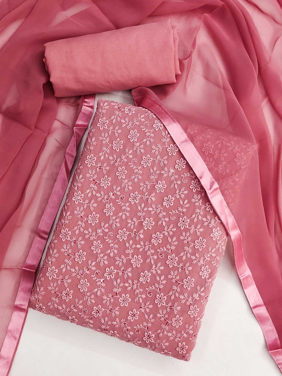 

KALINI Floral Embroidered Unstitched Dress Material, Pink