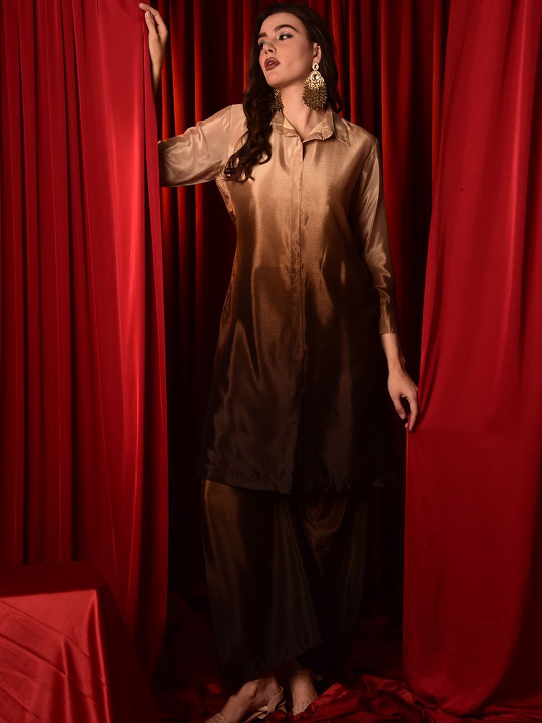 

Laalzari Ombre Tie and Dye Shirt Collar Tunic With Palazzos, Brown