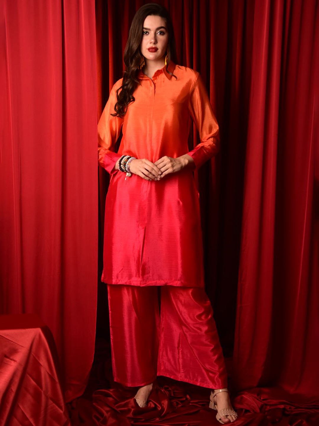 

Laalzari Ombre Tie and Dye Shirt Collar Tunic With Palazzos, Orange