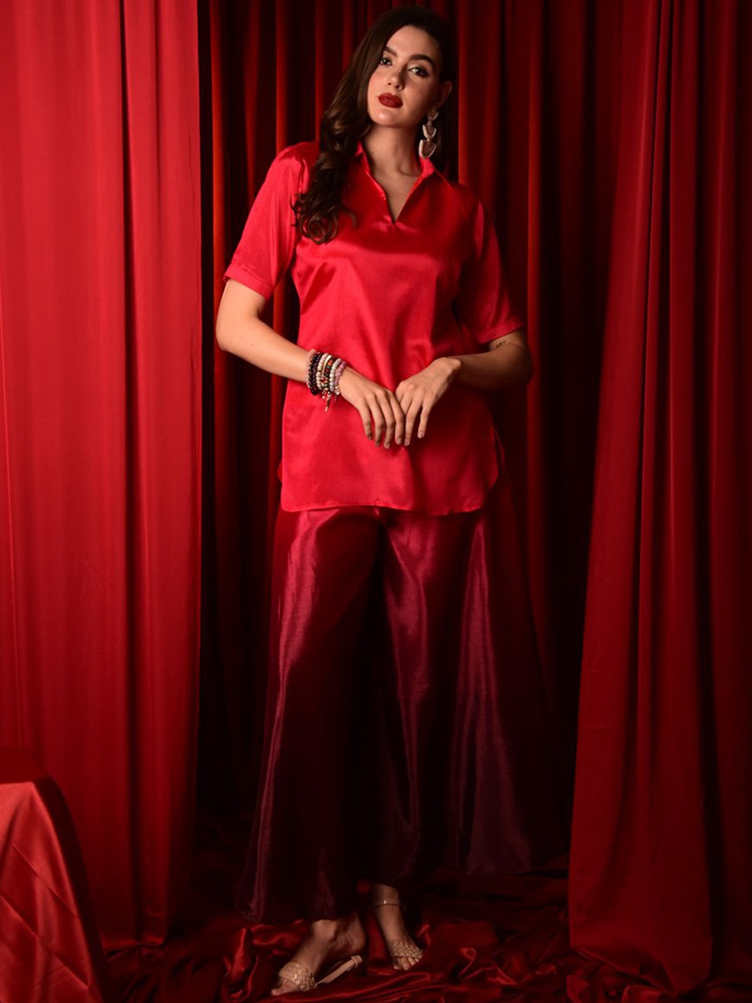 

Laalzari Shirt Collar Top With Ombre Tie and Dye Palazzos, Red
