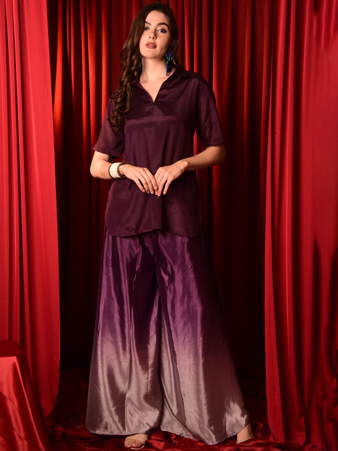 

Laalzari Cut-Way Collar Short Sleeves Top & Palazzos, Burgundy