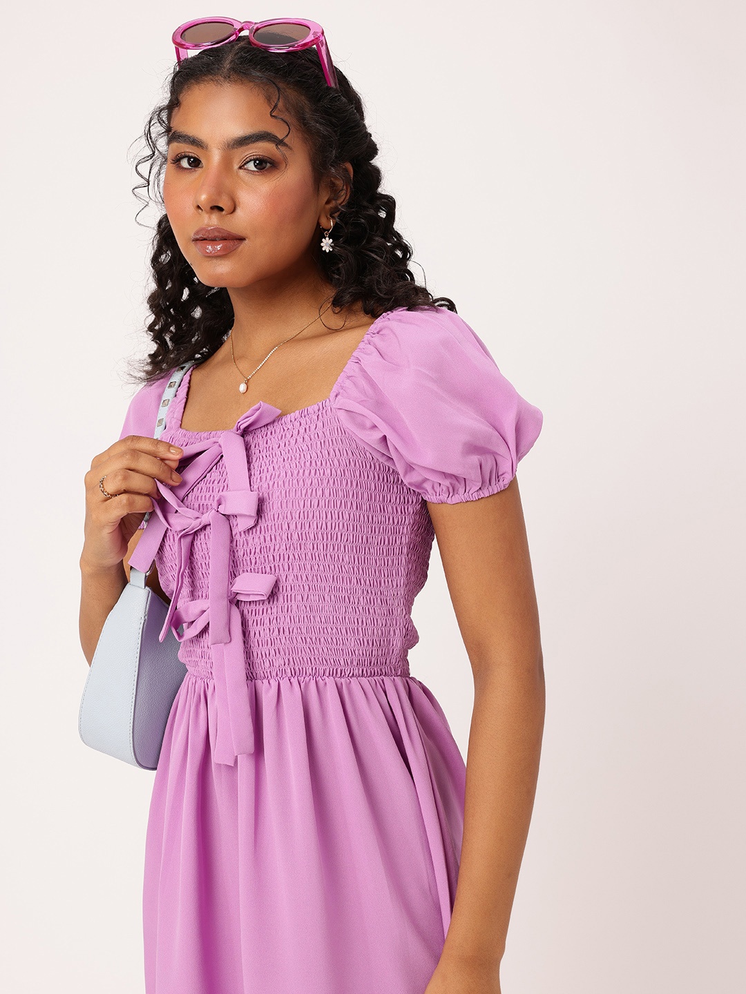 

DressBerry Breathe Basics Bowed & Smocked A-Line Mini Dress, Lavender