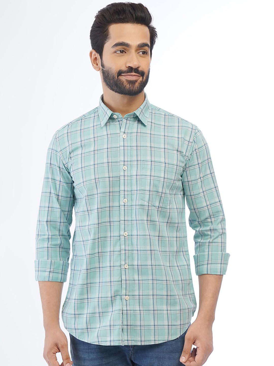 

Greenfibre Men Tartan Checks Spread Collar Cotton Casual Shirt, Green