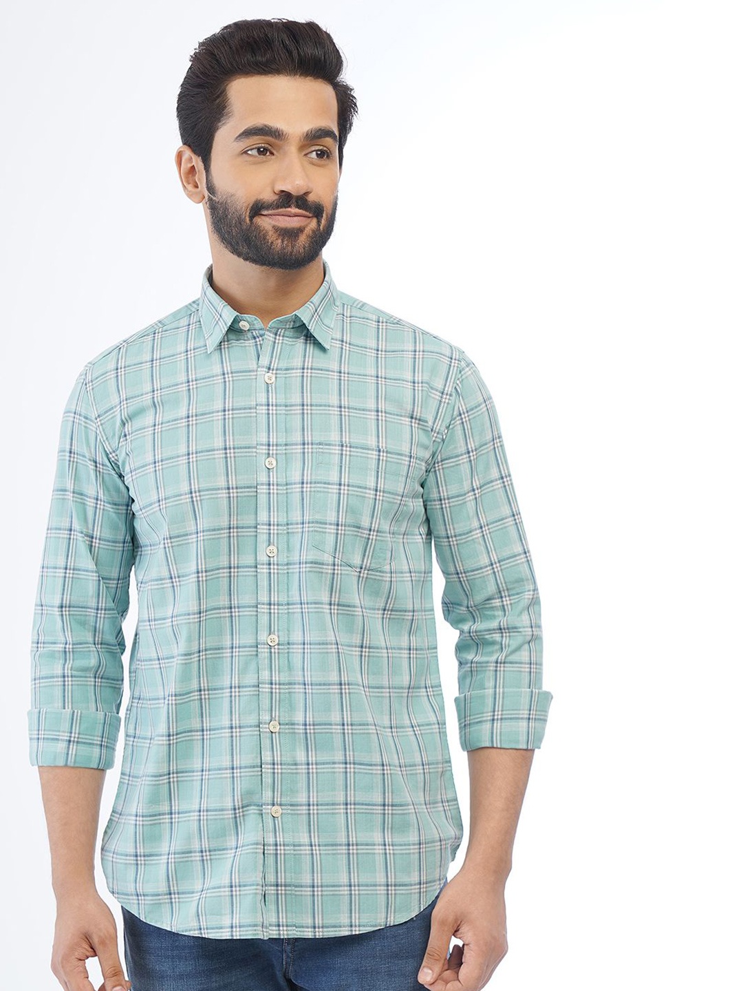 

Greenfibre Men Tartan Checks Spread Collar Cotton Casual Shirt, Green