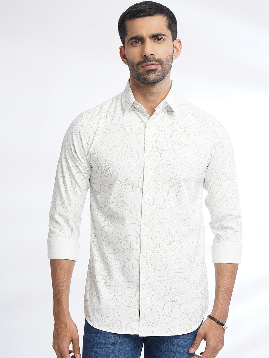 

JADE BLUE Men Geometric Printed Spread Collar Slim Fit Casual Shirt, White