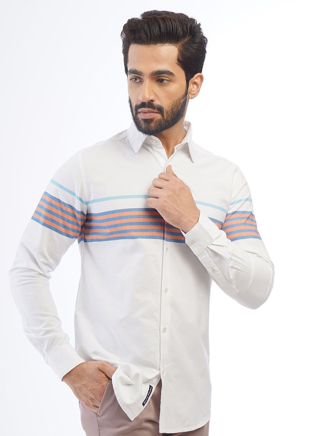 

JADE BLUE Men Horizontal Stripes Spread Collar Slim Fit Casual Shirt, White