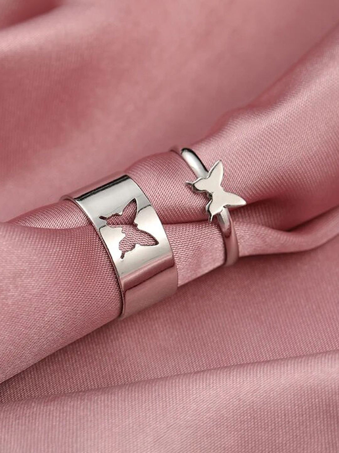 

Jewels Galaxy Set of 2 Silver-Plated Adjustable Finger Double Ring With Butterfly Design