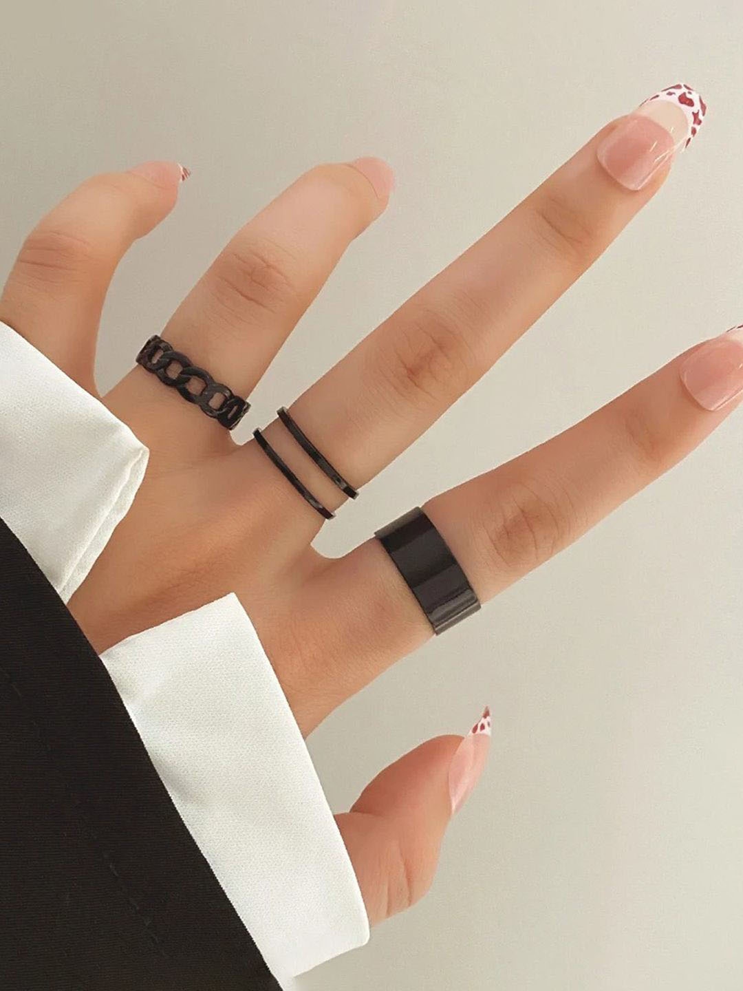 

Jewels Galaxy Set of 3 Silver-plated Adjustable Finger Ring, Black