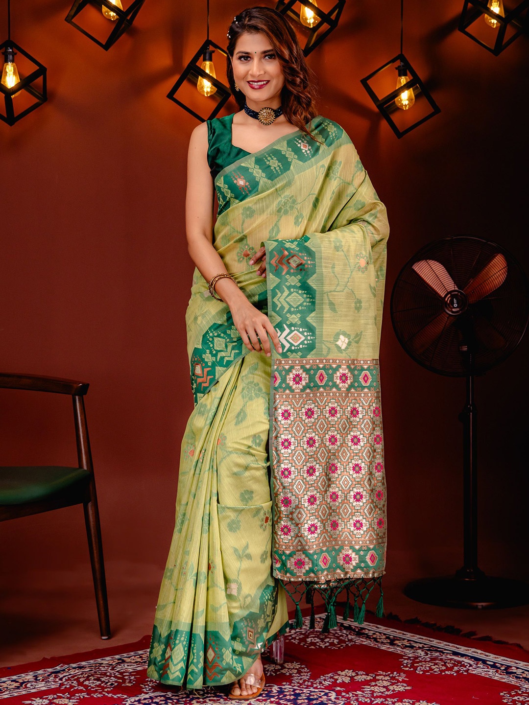 

MIMOSA Floral Zari Ikat Saree, Green