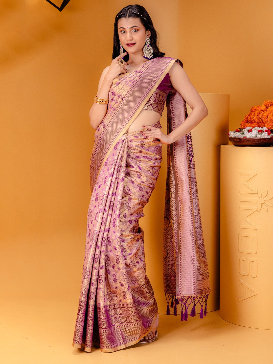 

MIMOSA Floral Zari Kanjeevaram Saree, Pink