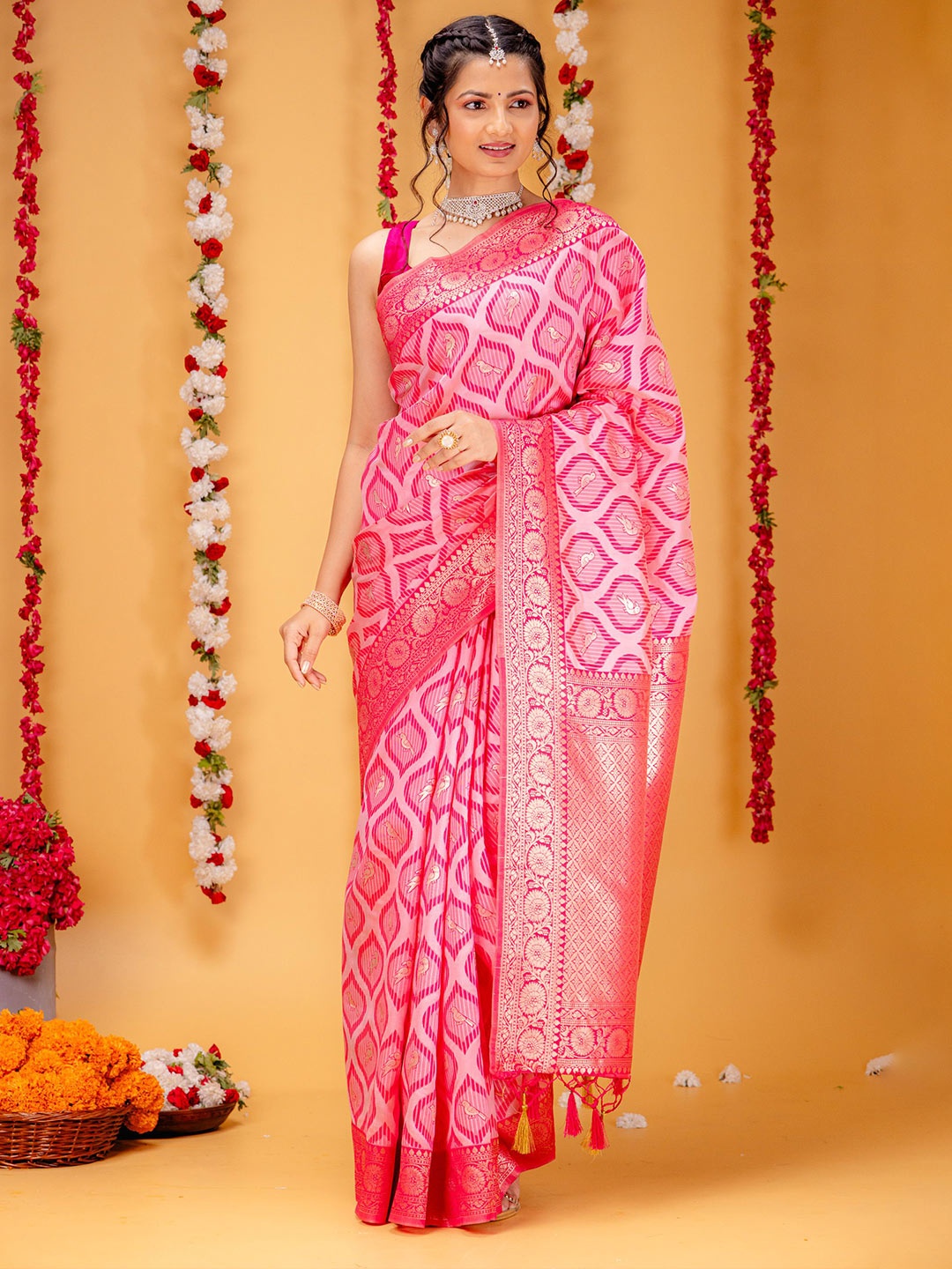 

MIMOSA Ethnic Motifs Zari Banarasi Saree, Pink