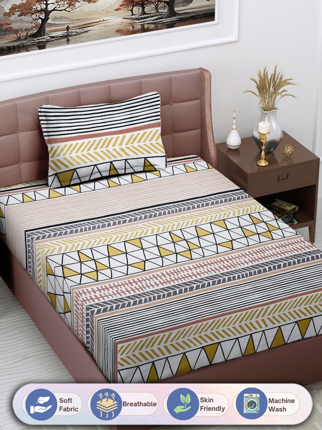 

FABINALIV White & Black Geometric 300 TC Single Bedsheet With Pillow Cover