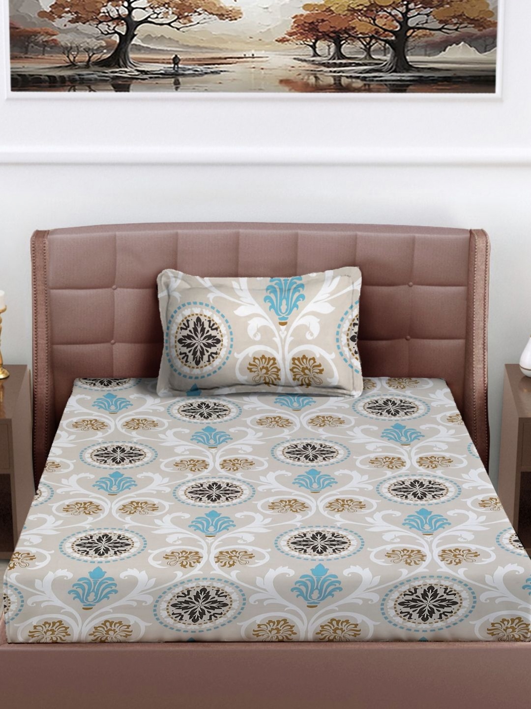 FABINALIV Grey & Blue Ethnic Motifs 300 TC Single Bedsheet with 1 Pillow Cover