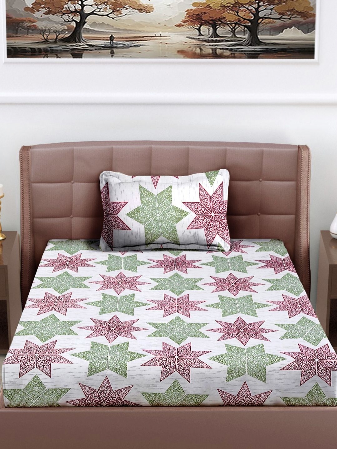 

FABINALIV White & Green Geometric Printed 300 TC Single Bedsheet With 1 Pillow Cover