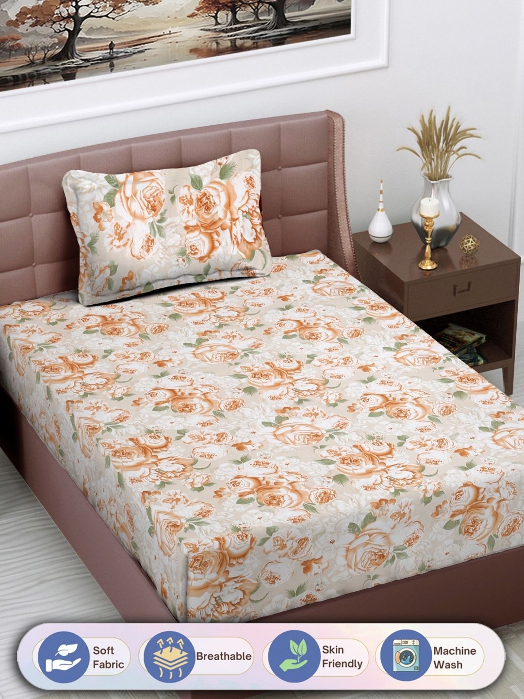 

FABINALIV White & Brown Floral Printed 300 TC Single Bedsheet With 1 Pillow Cover