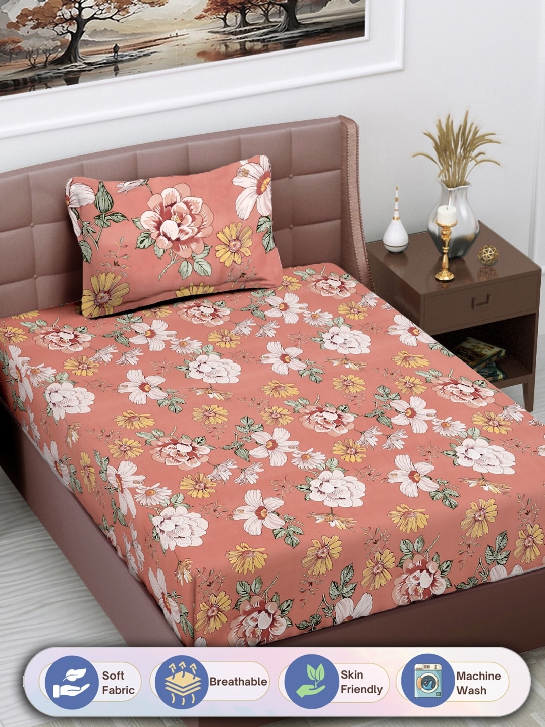

FABINALIV Orange & Yellow Floral 300 TC Single Bedsheet With 1 Pillow Cover