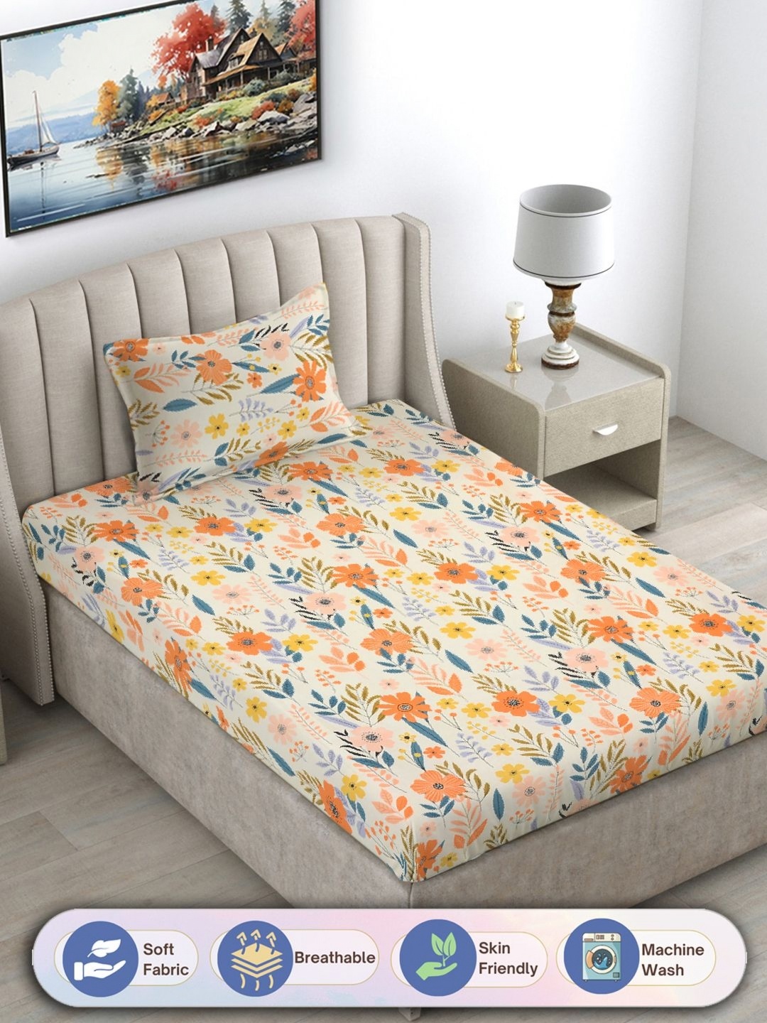 FABINALIV Cream & Blue Floral Printed 300 TC Single Bedsheet With 1 Pillow Cover