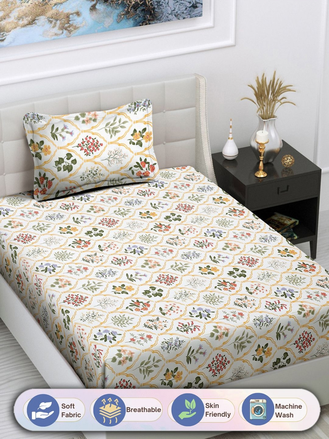 

FABINALIV Cream & Green Floral Printed 300 TC Single Bedsheet With 1 Pillow Cover