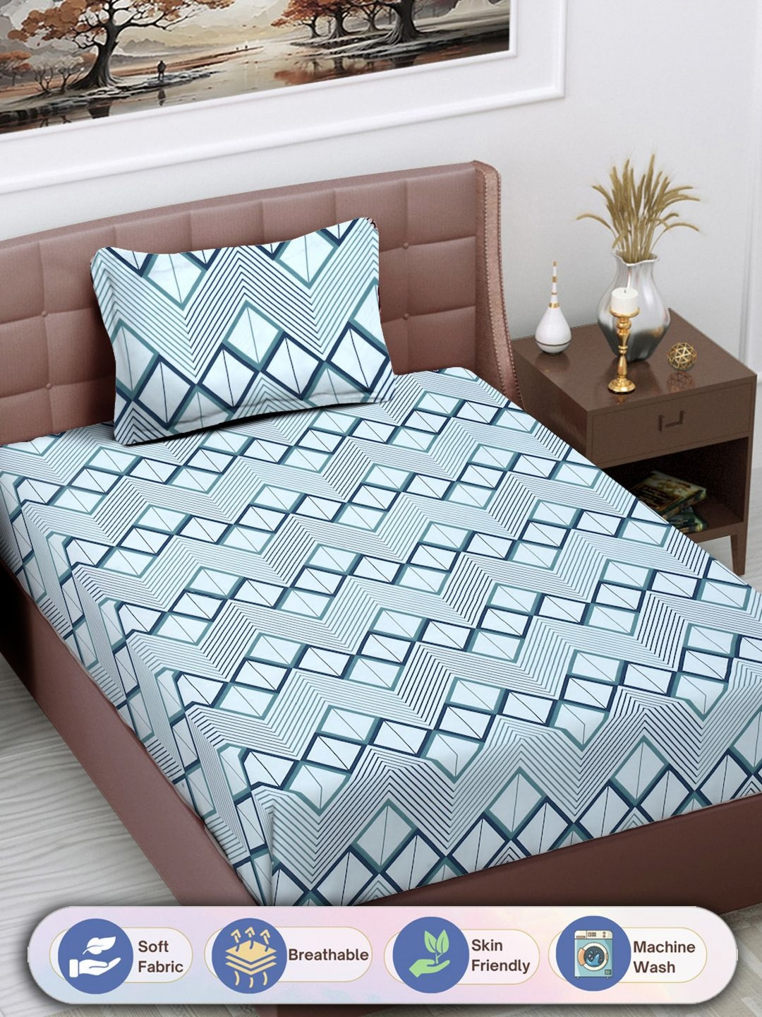 

FABINALIV Teal Geometric 300 TC Single Bedsheet with 1 Pillow Cover
