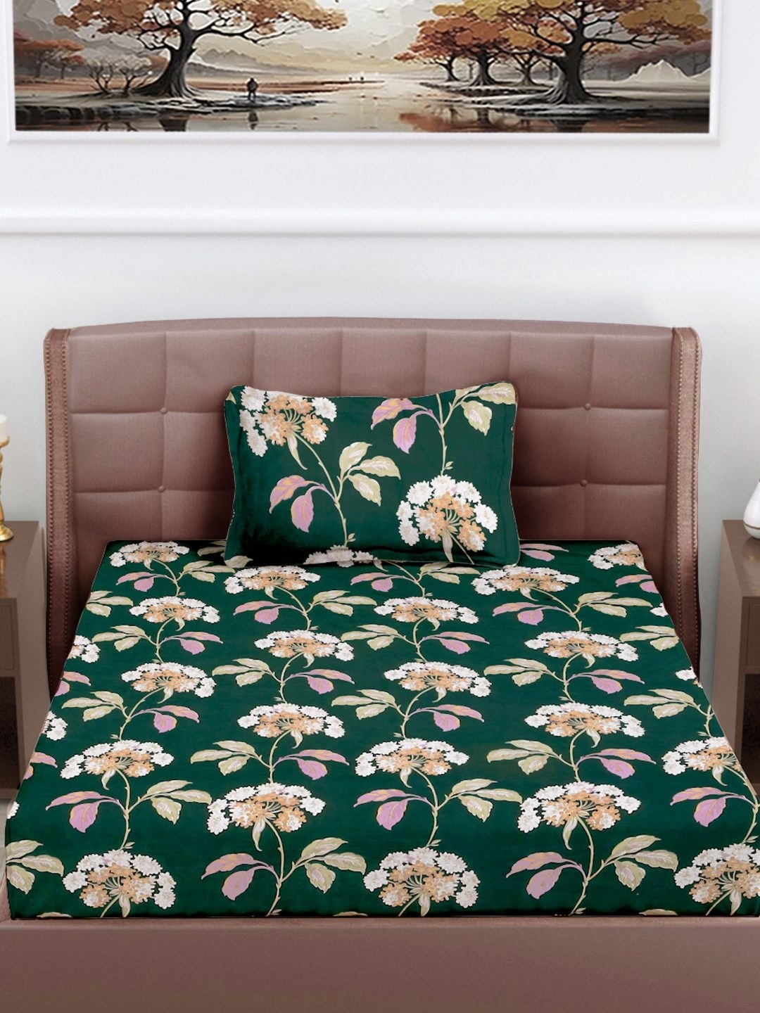

FABINALIV Green & White Floral Printed 300 TC Single Bedsheet With 1 Pillow Cover
