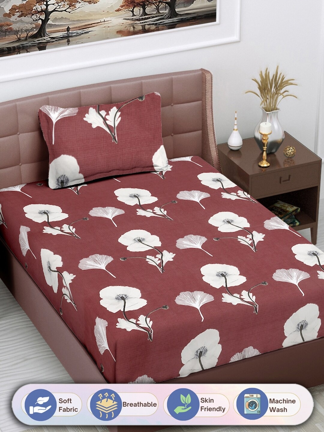 

FABINALIV Maroon & White Floral Printed 300 TC Single Bedsheet With 1 Pillow Cover