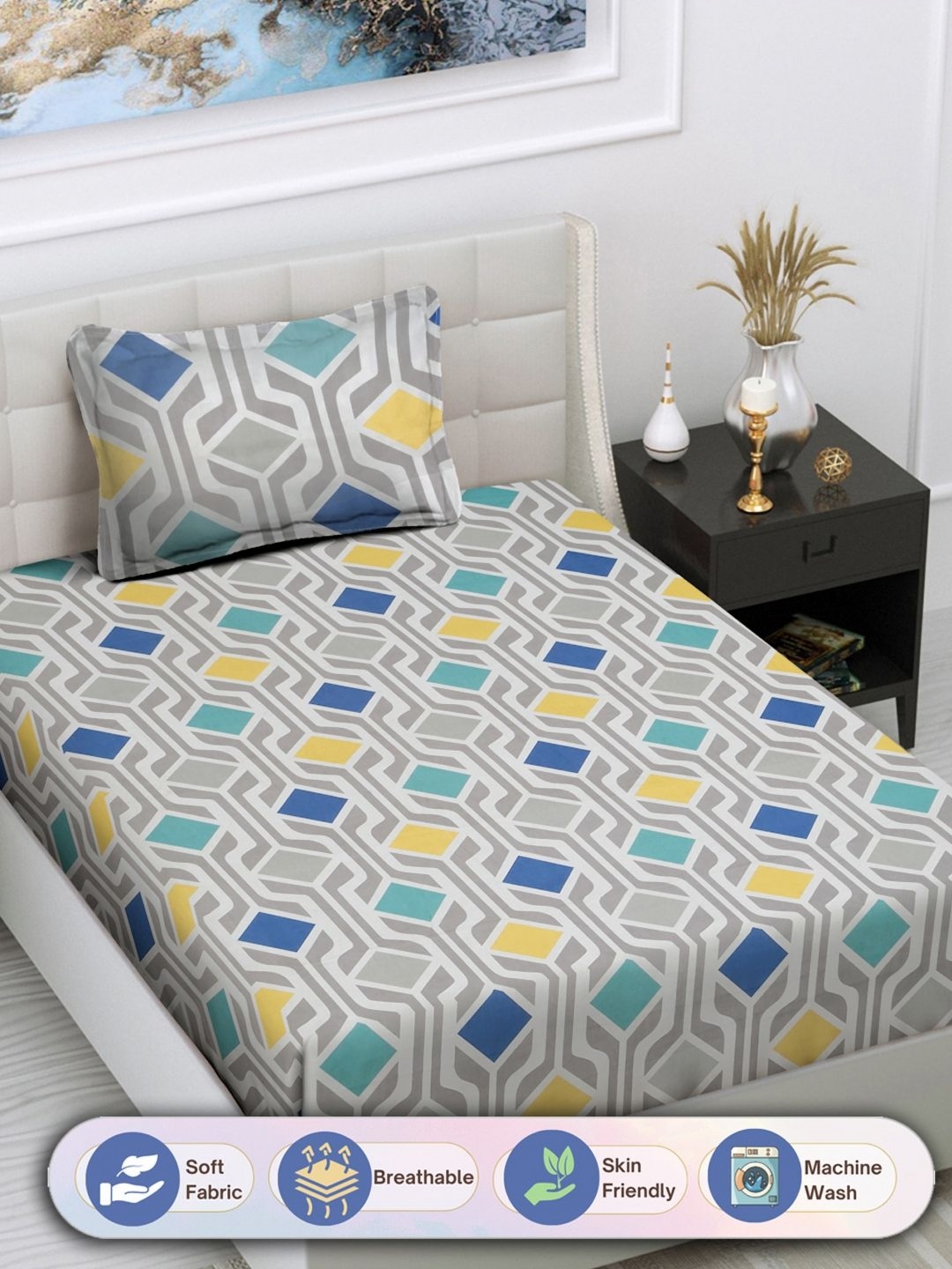 

FABINALIV Grey & Blue Geometric Printed 300 TC Single Bedsheet With 1 Pillow Cover