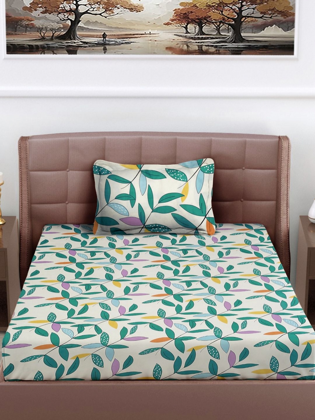 

FABINALIV White & Green Floral 300 TC Single Bedsheet With Pillow Cover