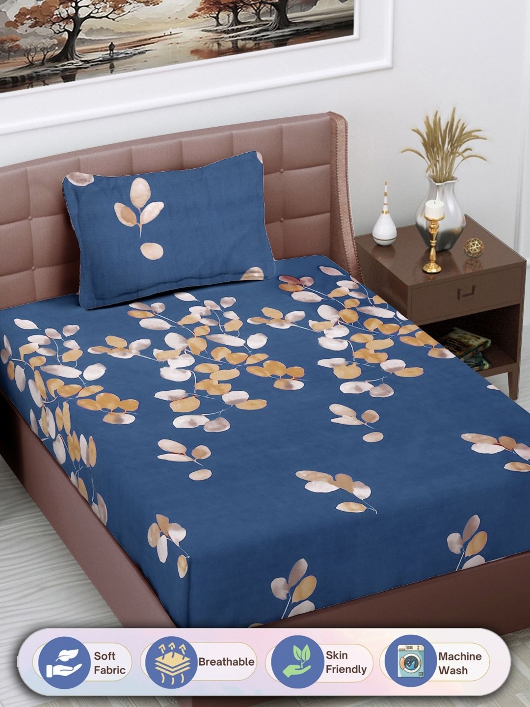 

FABINALIV Blue & Brown Floral Printed 300 TC Single Bedsheet With 1 Pillow Cover